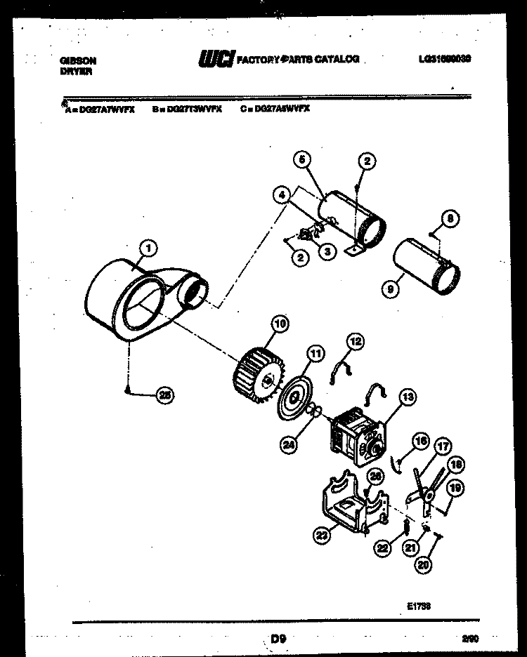 MOTOR AND BLOWER PARTS Diagram and Parts List for DG27A7WVFX  Gibson Dryer