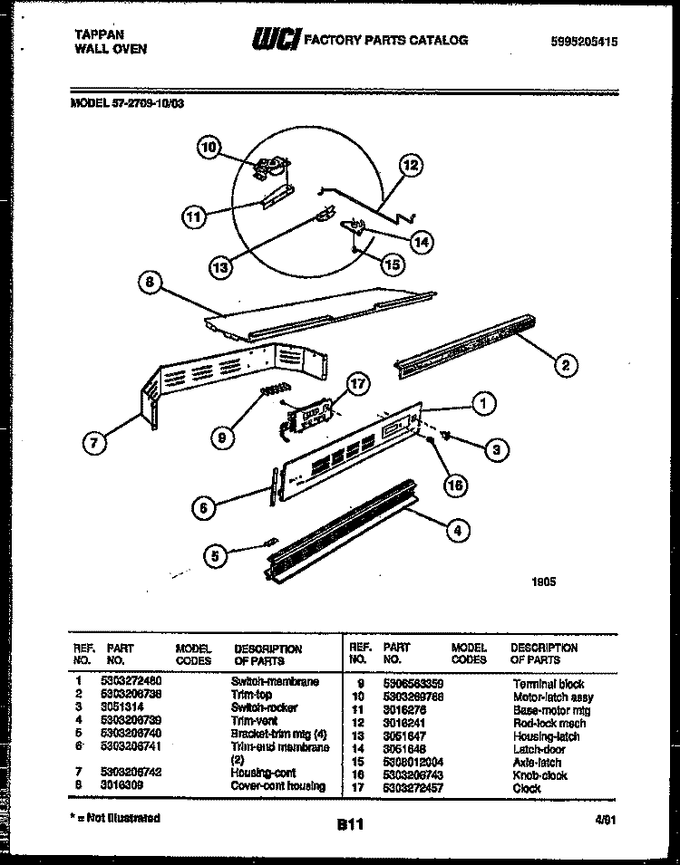 CONTROL PANEL Diagram and Parts List for 57-2709-10-03  Tappan Microwave Oven Combo