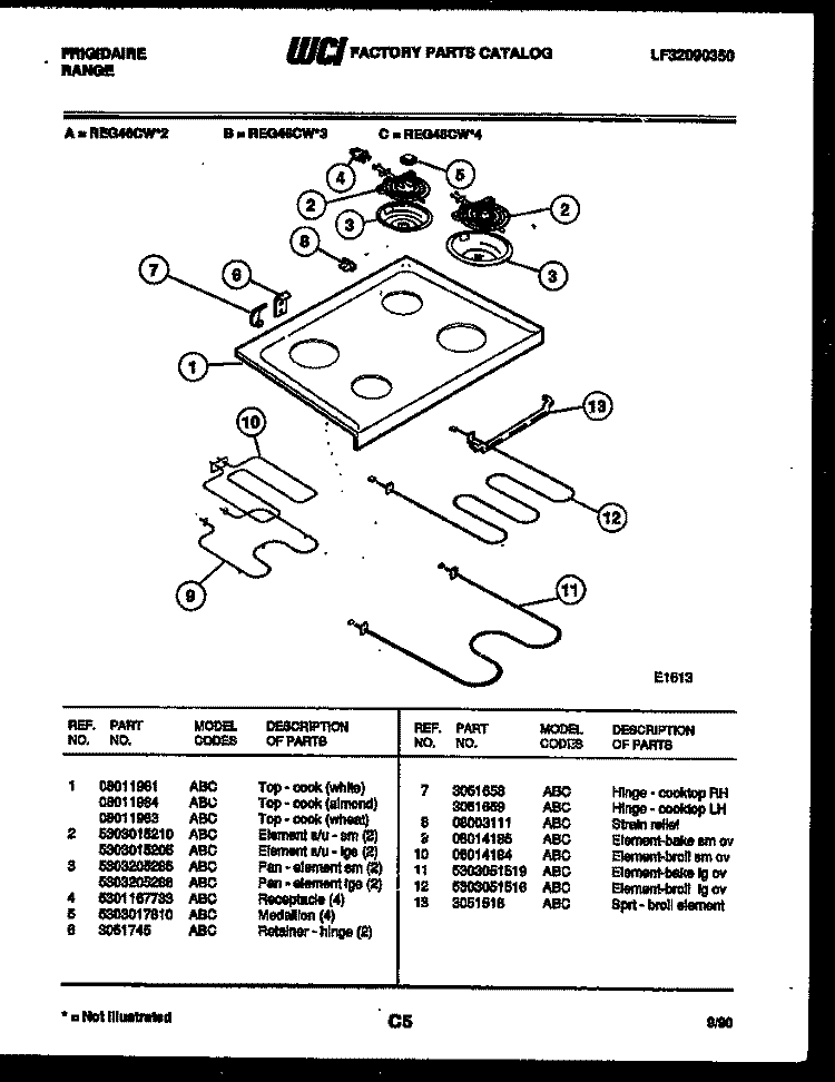 COOKTOP AND BROILER PARTS Diagram and Parts List for REG46CW3  Frigidaire Range