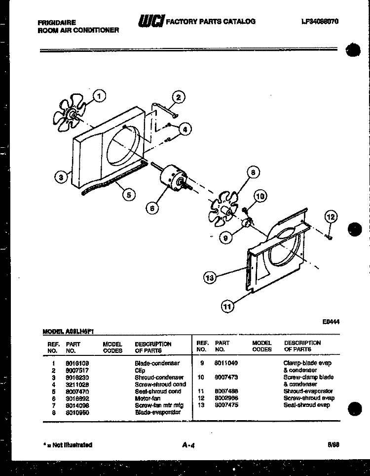 AIR HANDLING PARTS Diagram and Parts List for A06LH6F1  Frigidaire Air Conditioner