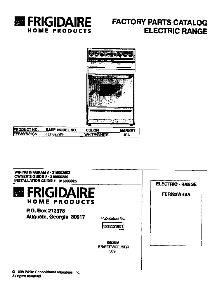 COVER Diagram and Parts List for FEF322WHSA  Frigidaire Range