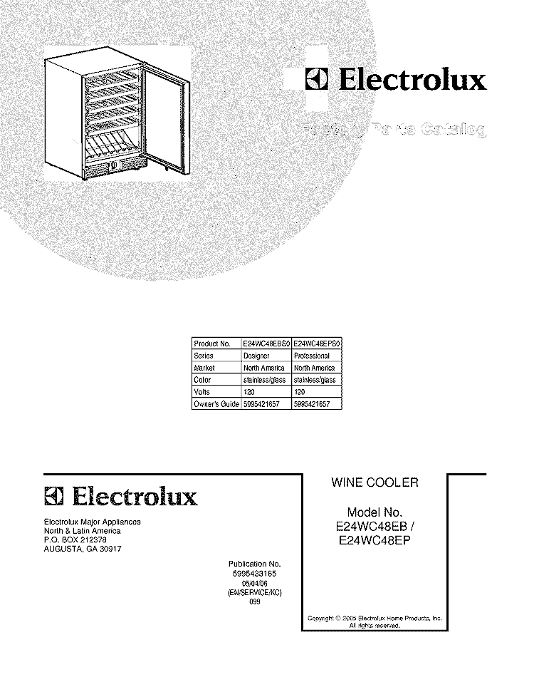 COVER Diagram and Parts List for E24WC48EBS0  Electrolux Wine and Beverage Cooler