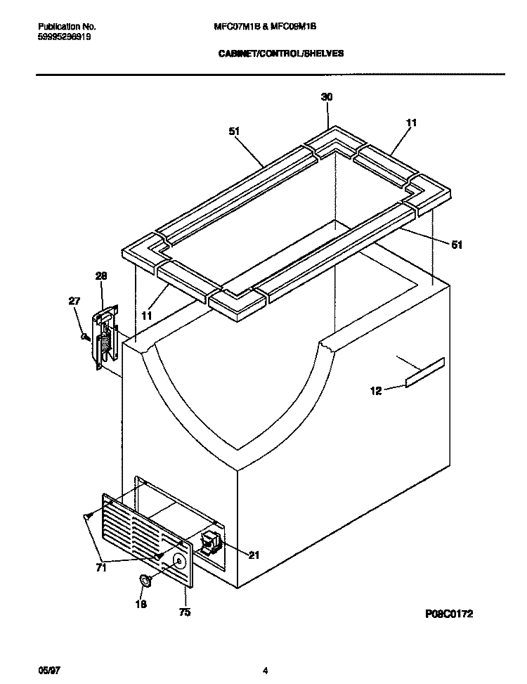CABINET / CONTROL / SHELVES Diagram and Parts List for MFC07M1BW4  Frigidaire Freezer