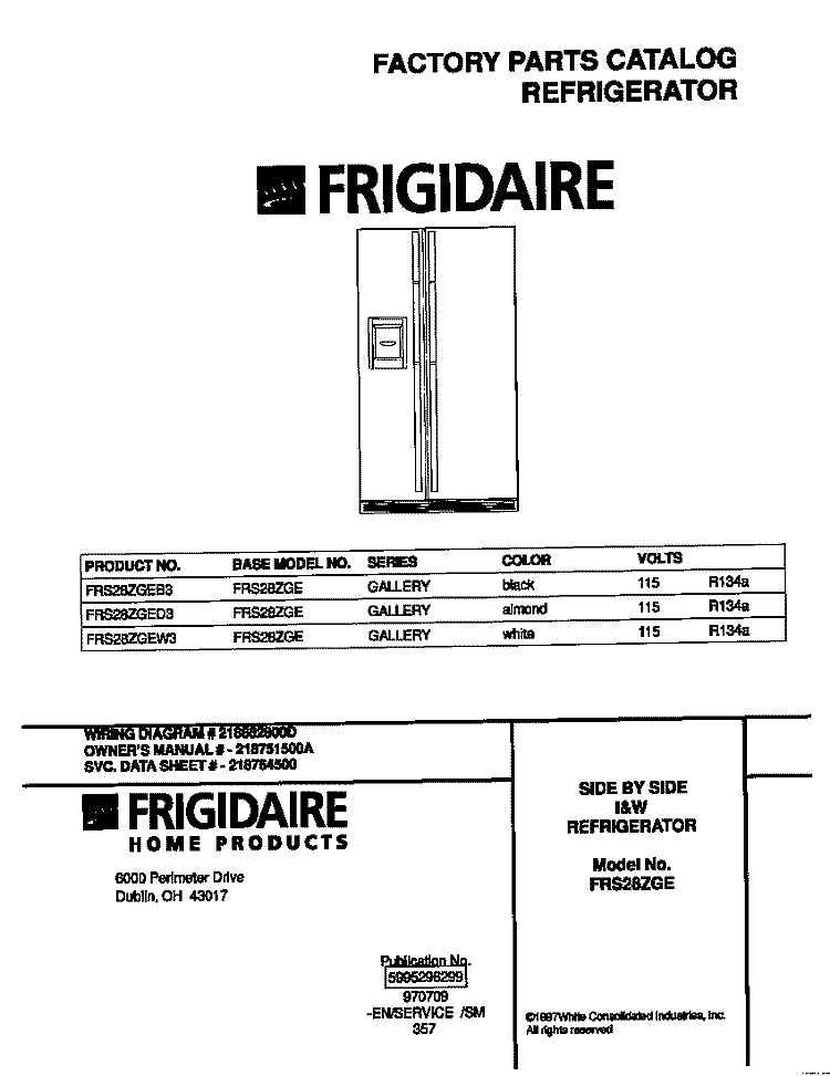 COVER Diagram and Parts List for FRS28ZGED3  Frigidaire Refrigerator