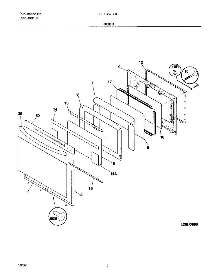 DOOR Diagram and Parts List for FEF357BSB  Frigidaire Range