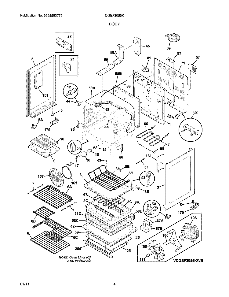 BODY Diagram and Parts List for CGEF3055KWB  Frigidaire Range