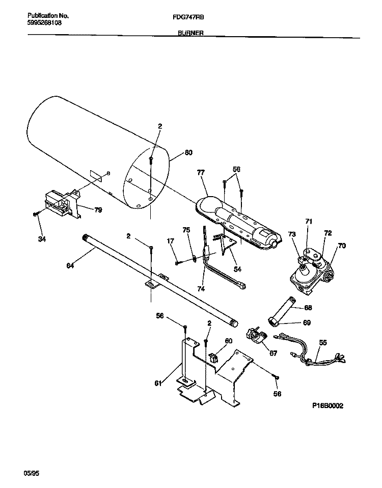 BURNER Diagram and Parts List for FDG747RBS1  Frigidaire Dryer