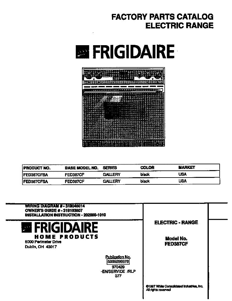 COVER Diagram and Parts List for FED387CFBA  Frigidaire Wall Oven
