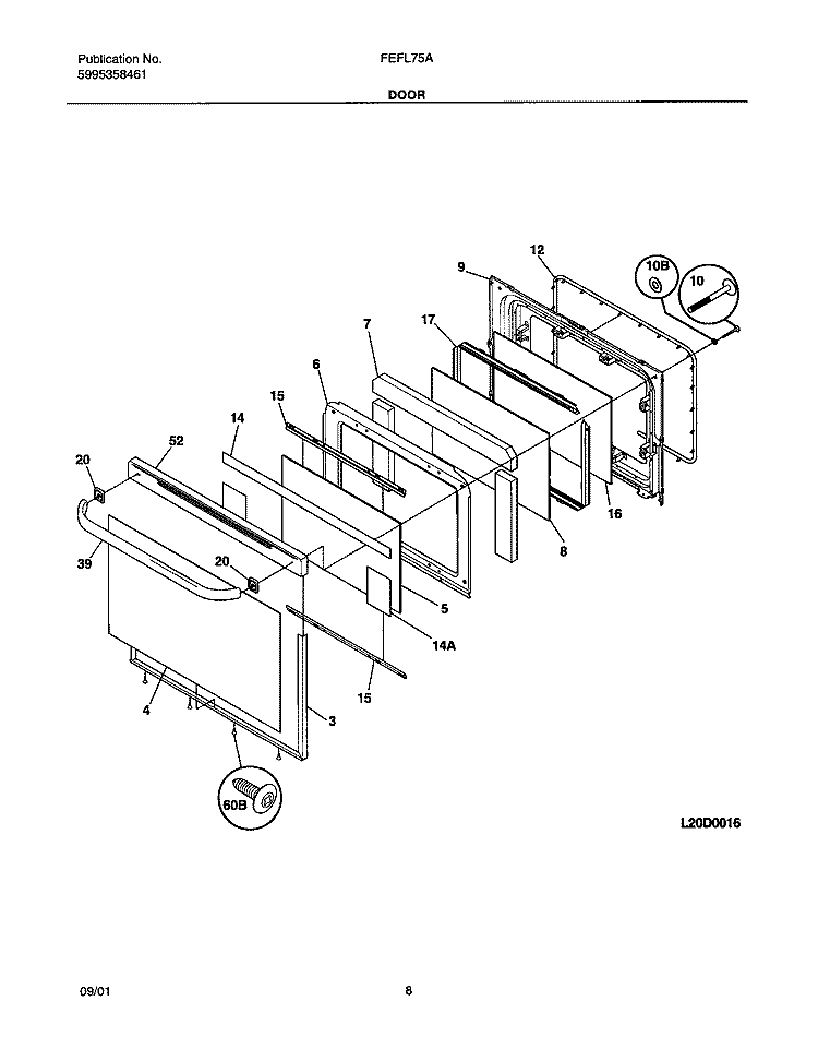 DOOR Diagram and Parts List for FEFL75ASA  Frigidaire Range