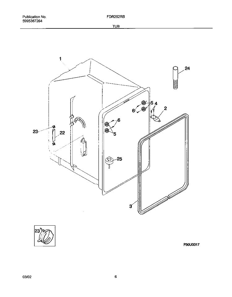 TUB Diagram and Parts List for FDR252RBS0  Frigidaire Dishwasher