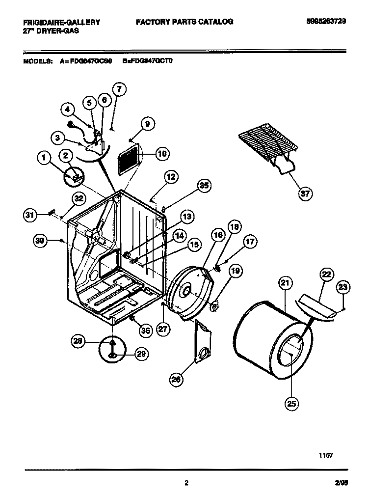 CABINET, DRUM, HEAT DUCT Diagram and Parts List for FDG847GCT0  Frigidaire Dryer
