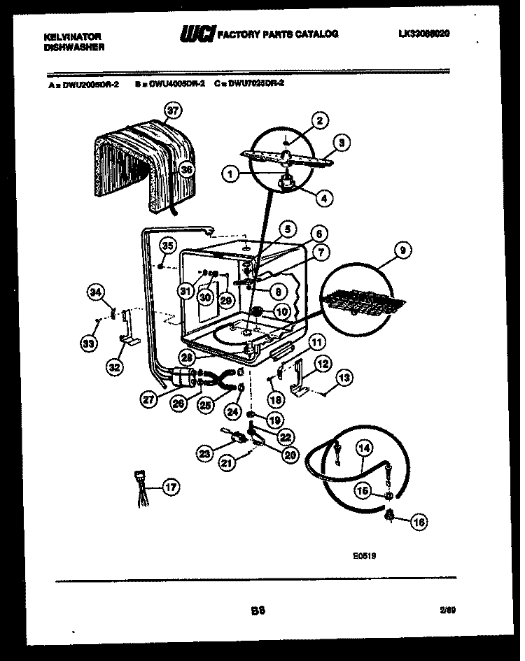 INNER TUB PARTS Diagram and Parts List for DWU7025DR2  Kelvinator Dishwasher