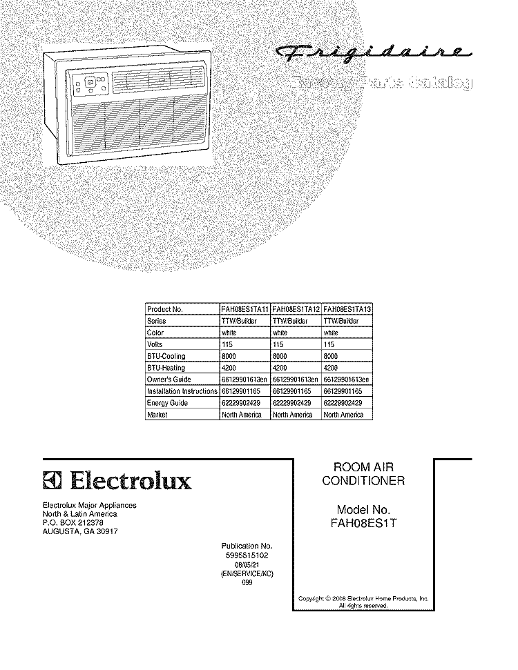 COVER Diagram and Parts List for FAH08ES1TA13  Frigidaire Air Conditioner