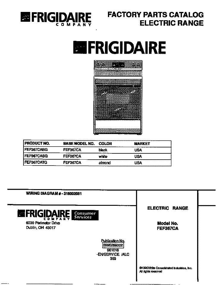 COVER Diagram and Parts List for FEF367CATG  Frigidaire Range