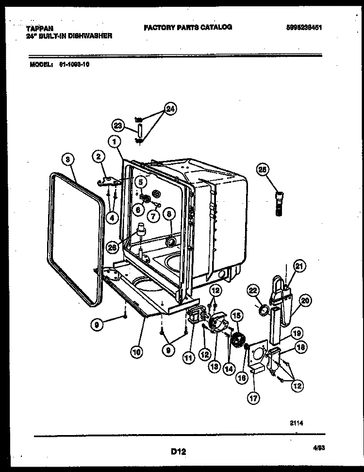 TUB AND FRAME PARTS Diagram and Parts List for 61-1093-10-00  Tappan Dishwasher