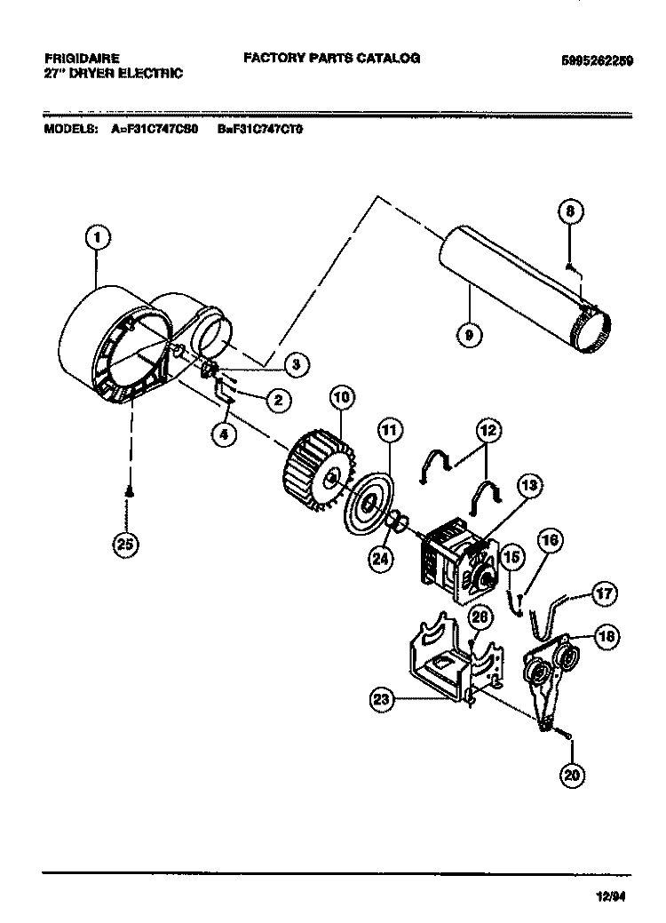 MOTOR, FAN HOUSING, EXHAUST DUCT Diagram and Parts List for F31C747CS0  Frigidaire Dryer