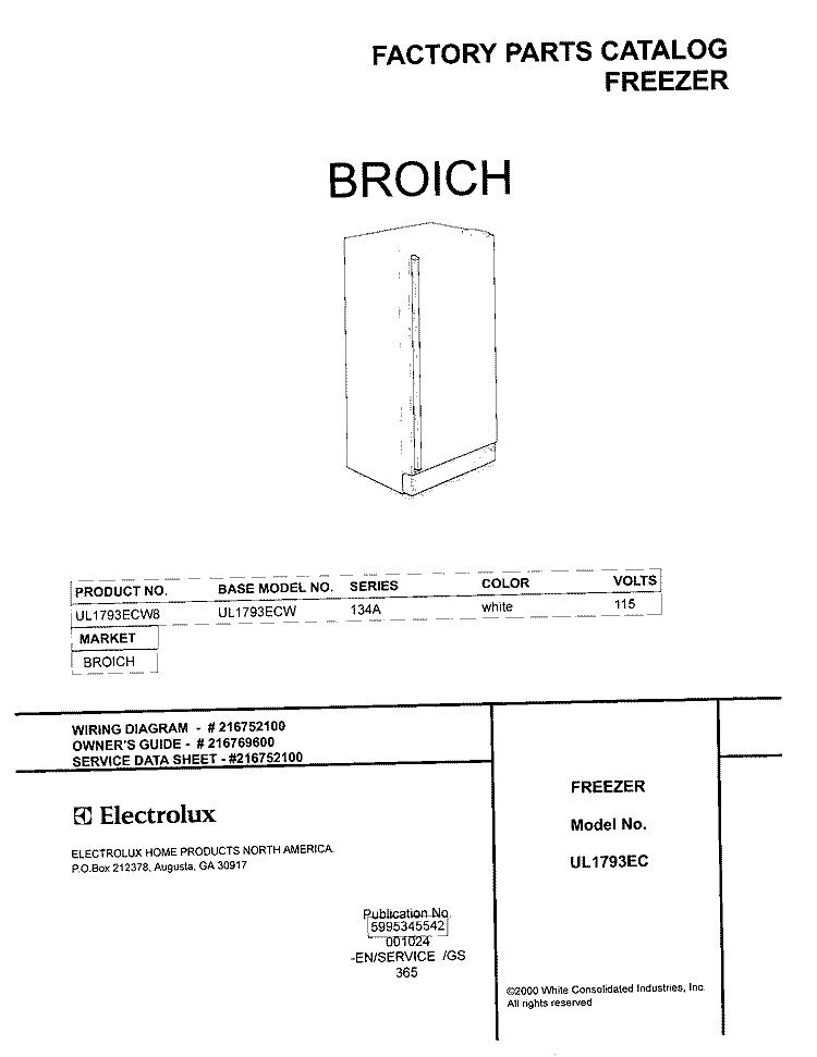 COVER Diagram and Parts List for UL1793ECW8  Electrolux Freezer