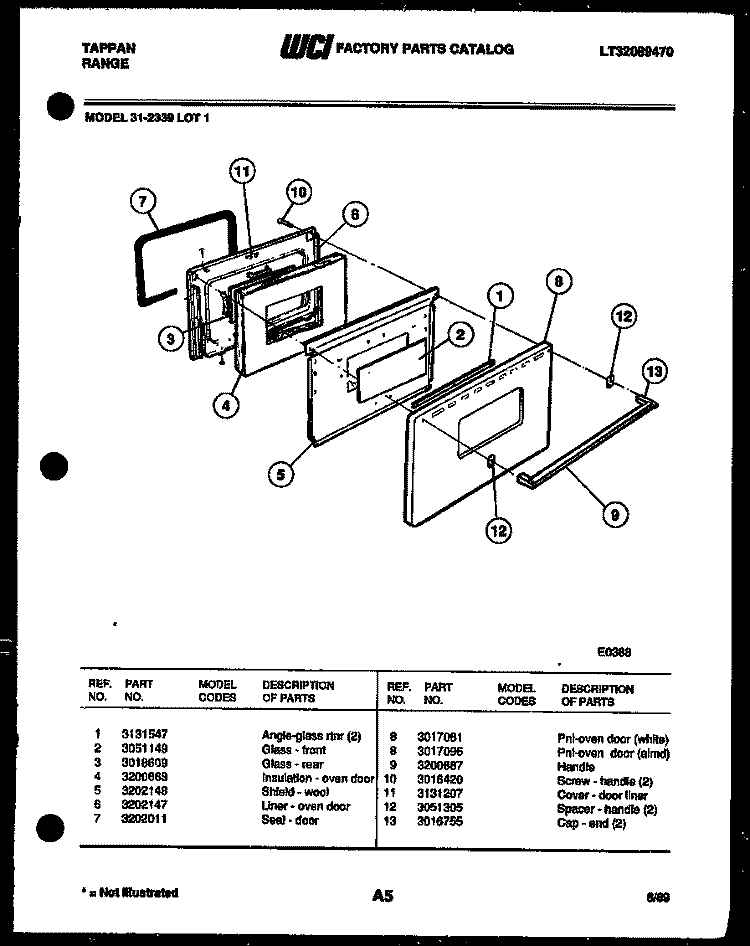 DOOR PARTS Diagram and Parts List for 31-2339-23-01  Tappan Range