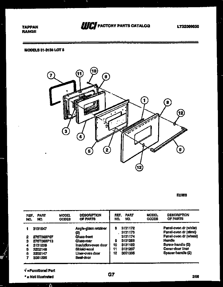 DOOR PARTS Diagram and Parts List for 31-3138-00-05  Tappan Range