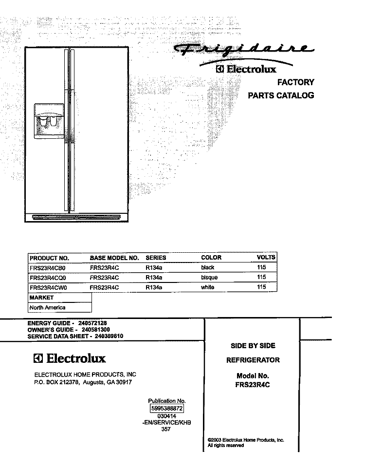 COVER Diagram and Parts List for FRS23R4CB0  Frigidaire Refrigerator