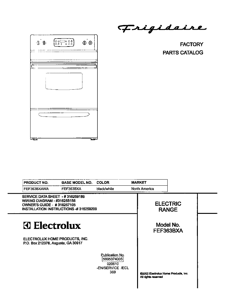 COVER Diagram and Parts List for FEF363BXAWA  Frigidaire Range