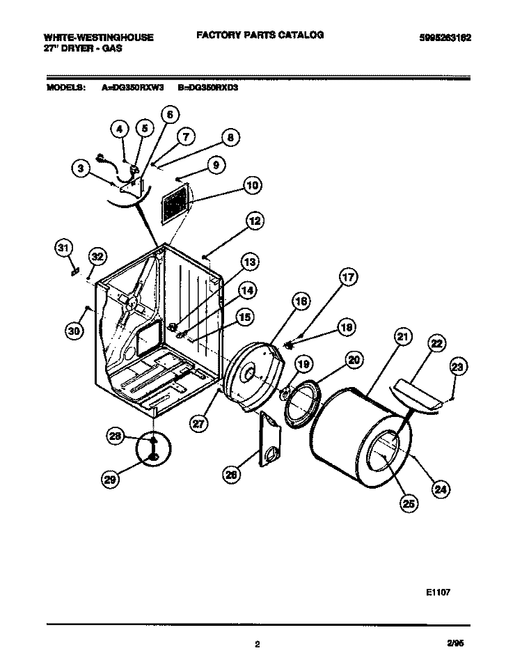 CABINET, DRUM, HEAT DUCT Diagram and Parts List for DG350RXW3  Frigidaire Dryer