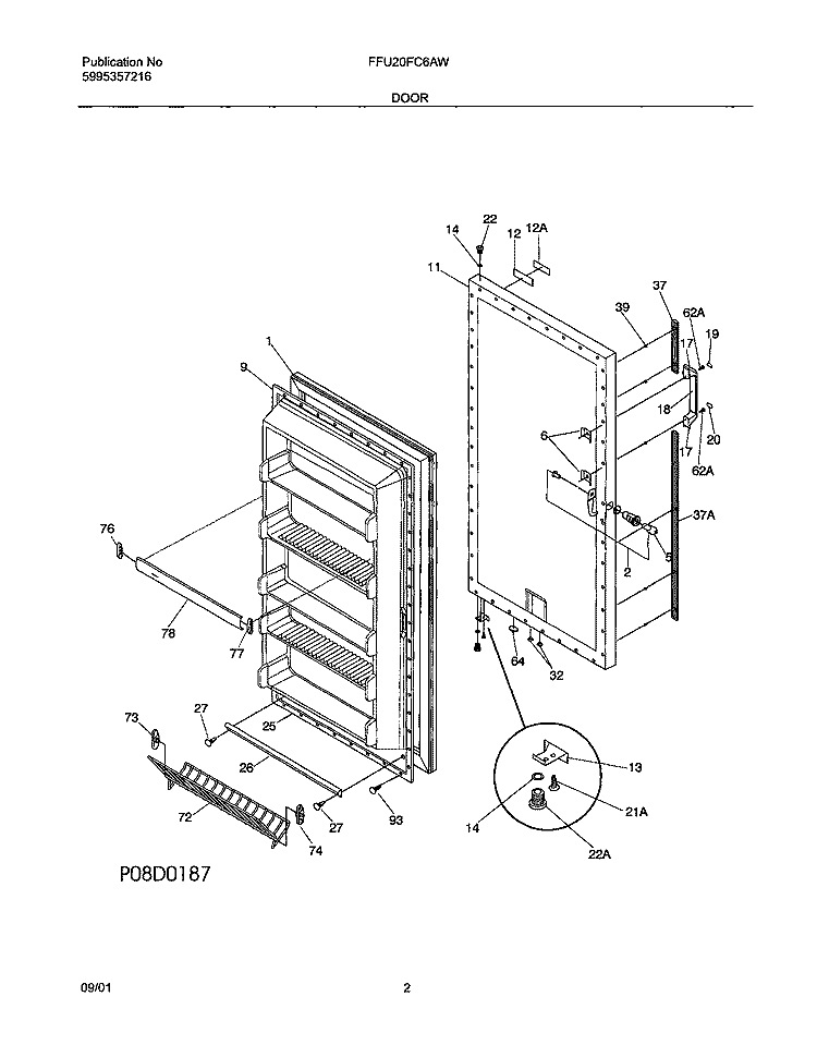DOOR Diagram and Parts List for FFU20FC6AW0  Frigidaire Freezer