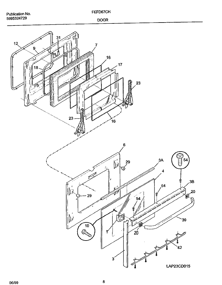 DOOR Diagram and Parts List for FEFD67CHBA  Frigidaire Range