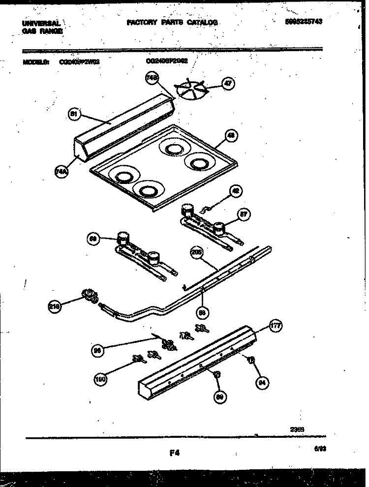 BACKGUARD, COOKTOP AND BURNER PARTS Diagram and Parts List for CG240SP2W2  Frigidaire Range