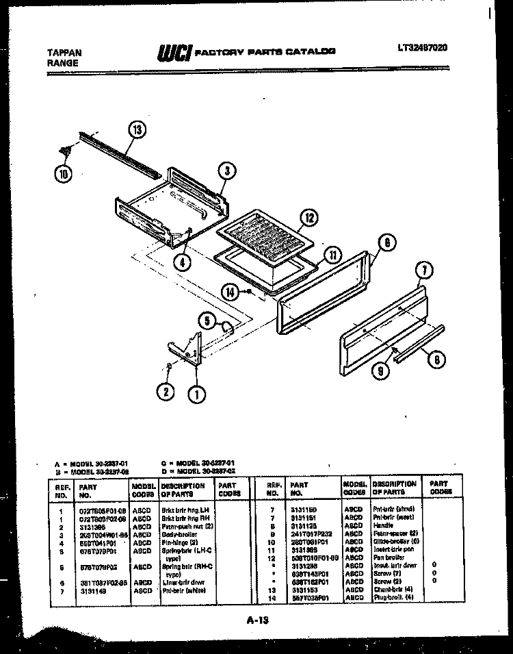 BROILER DRAWER PARTS Diagram and Parts List for 30-2237-00-02  Tappan Range