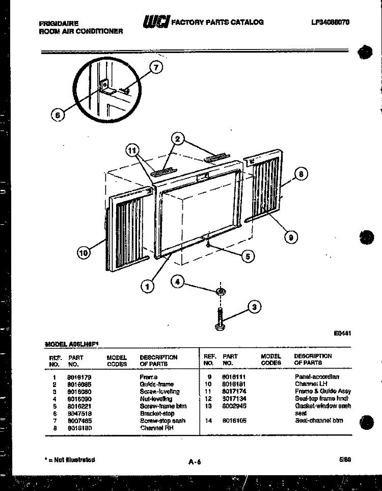 WINDOW MOUNTING PARTS Diagram and Parts List for A06LH6F1  Frigidaire Air Conditioner