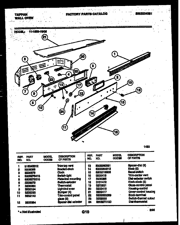 CONTROL PANEL Diagram and Parts List for 11-1559-00-05  Tappan Wall Oven