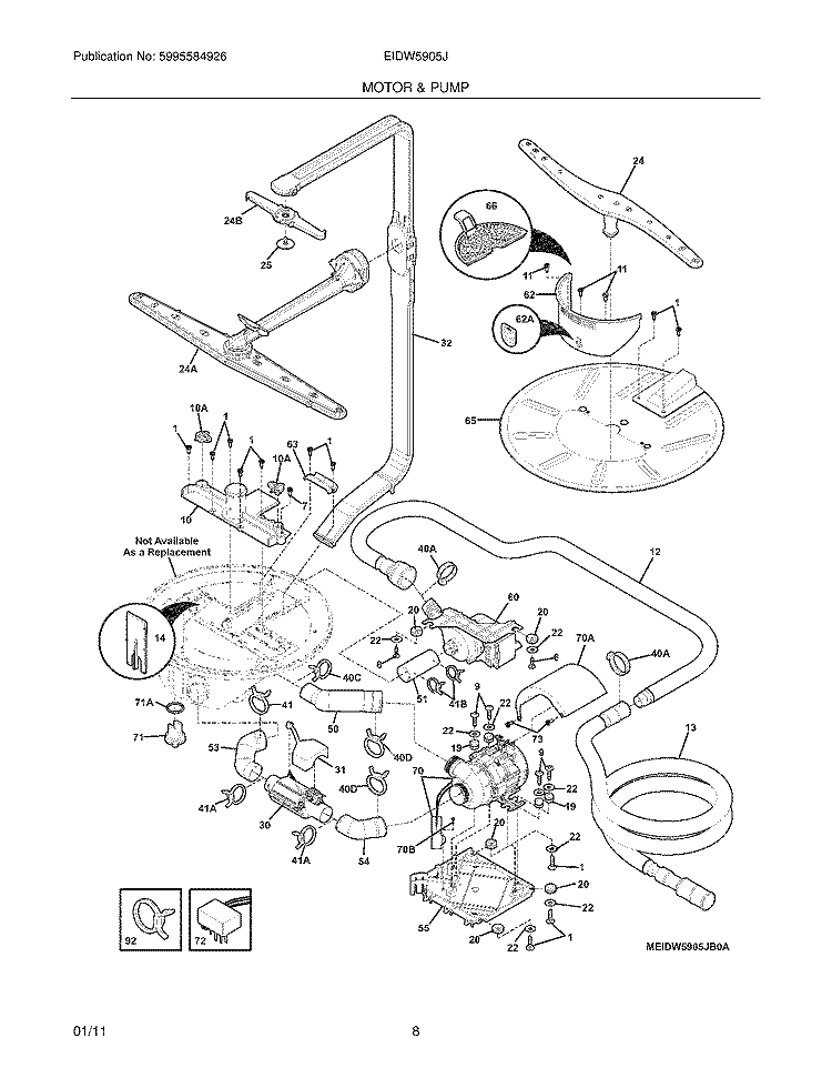 MOTOR & PUMP Diagram and Parts List for EIDW5905JW0A  Electrolux Dishwasher