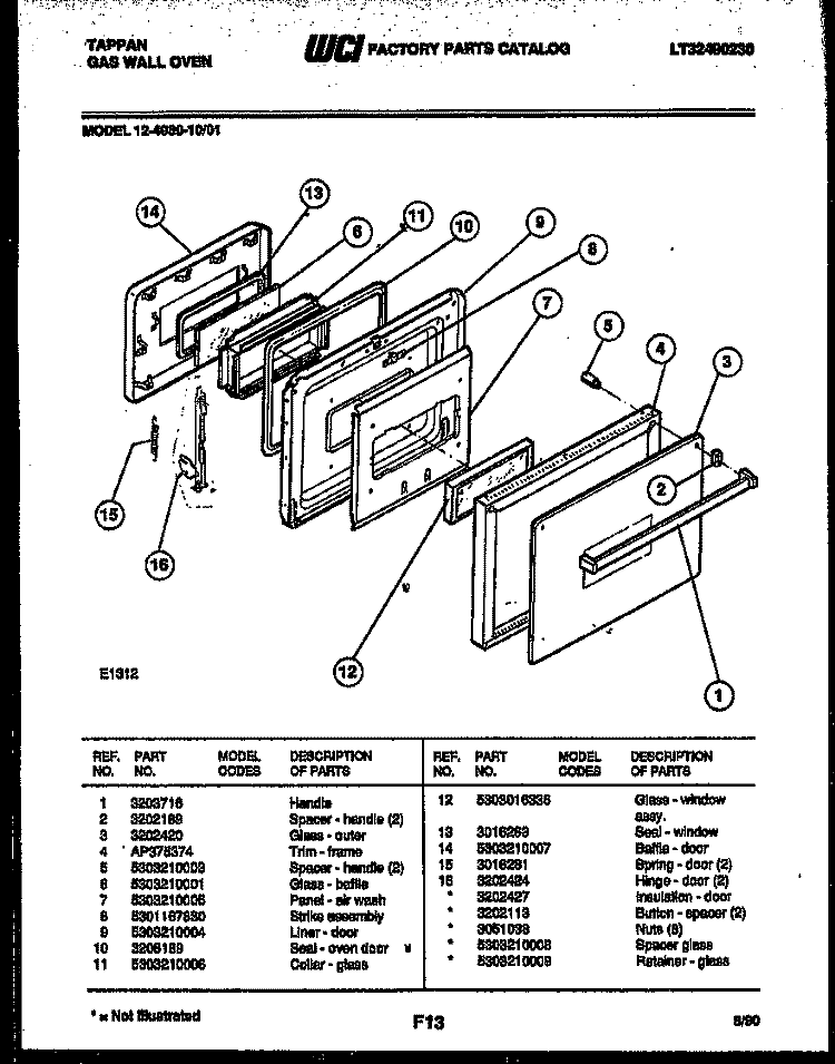 DOOR PARTS Diagram and Parts List for 12-4980-00-01  Tappan Wall Oven