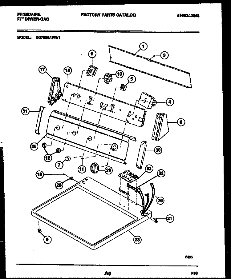 CONSOLE AND CONTROL PARTS Diagram and Parts List for DG7000AWW1  Frigidaire Dryer