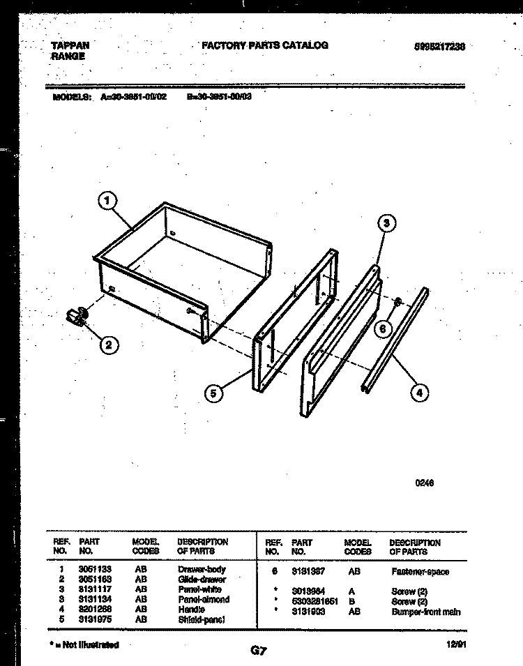 DRAWER PARTS Diagram and Parts List for 30-3851-00-02  Tappan Range