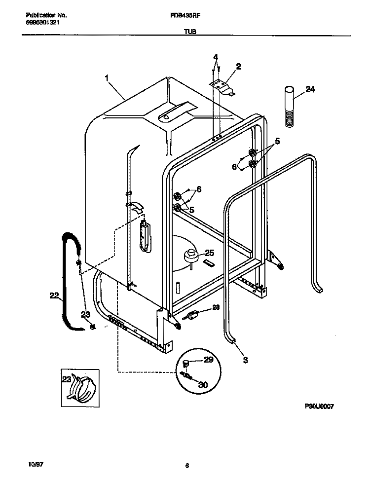 TUB Diagram and Parts List for FDB435RFR3  Frigidaire Dishwasher