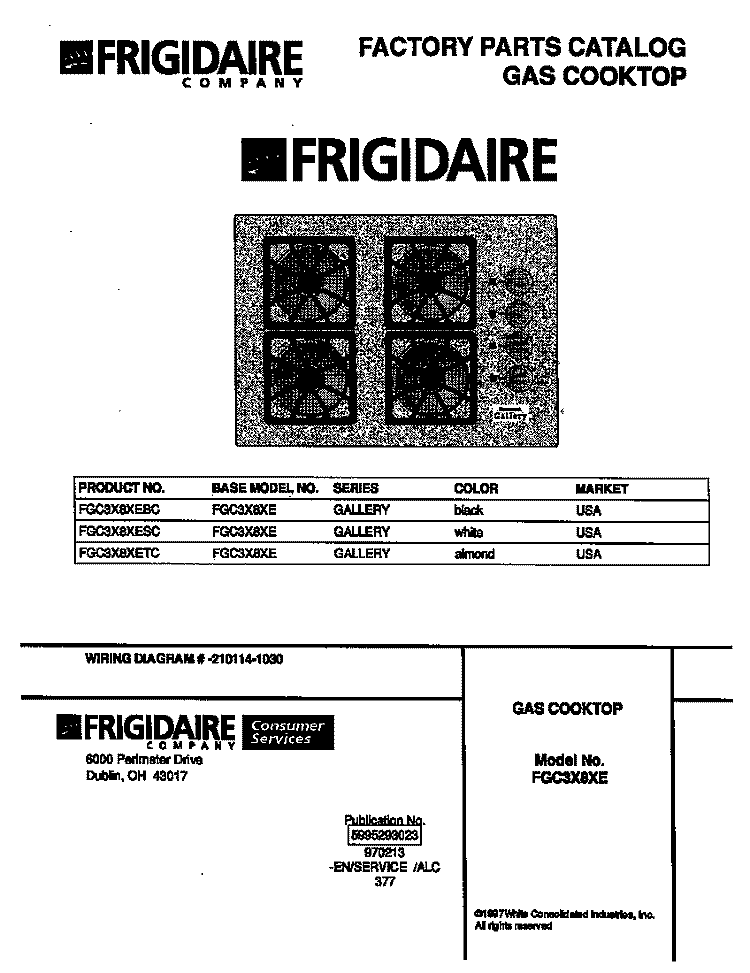 COVER Diagram and Parts List for FGC3X8XESC  Frigidaire Cooktop