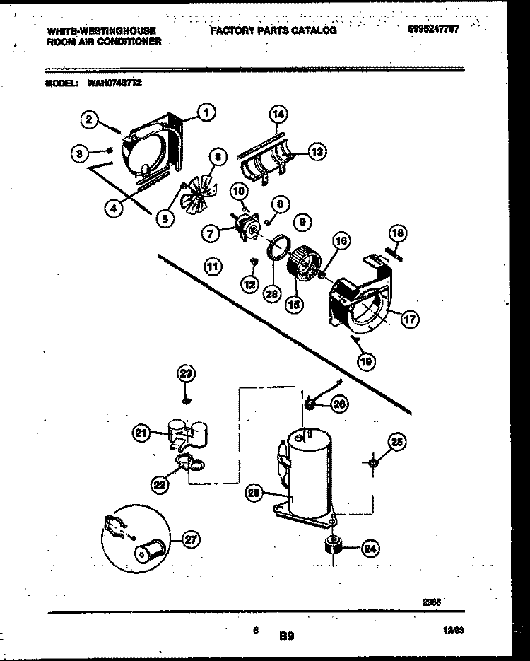 AIR HANDLING AND COMPRESSOR PARTS Diagram and Parts List for WAH074S7T2  Frigidaire Air Conditioner
