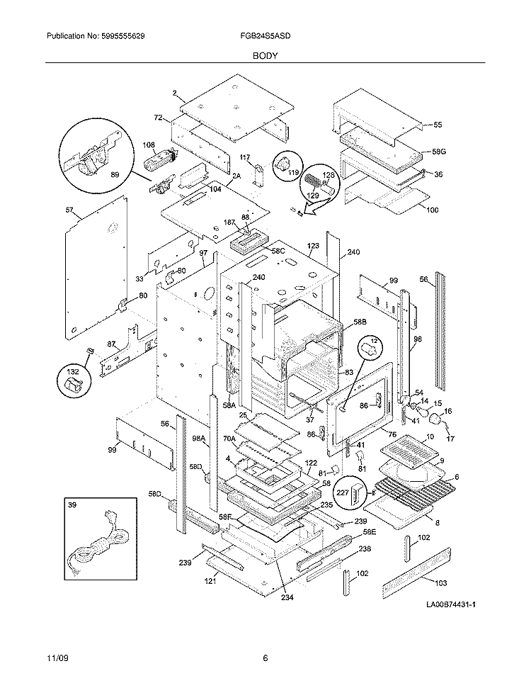 BODY Diagram and Parts List for FGB24S5ASD  Frigidaire Wall Oven