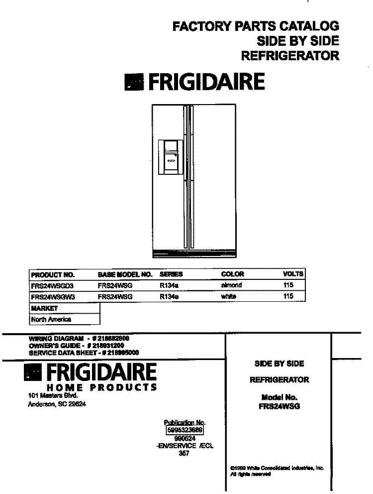 COVER Diagram and Parts List for FRS24WSGW3  Frigidaire Refrigerator