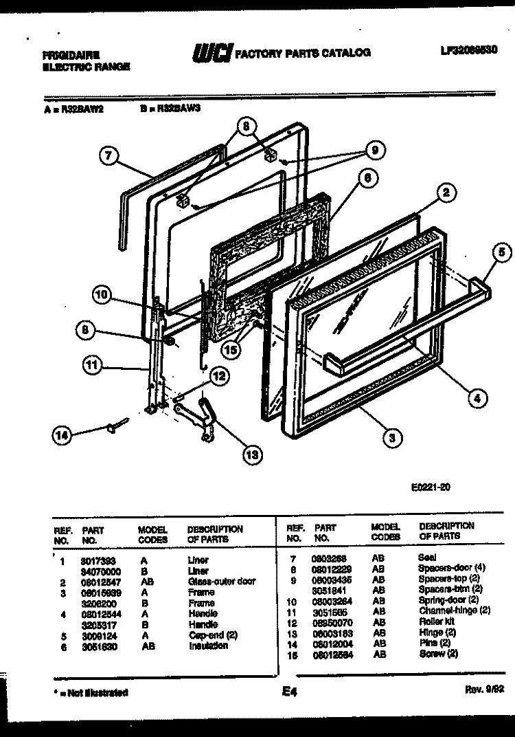 DOOR PARTS Diagram and Parts List for R32BAL2  Frigidaire Range