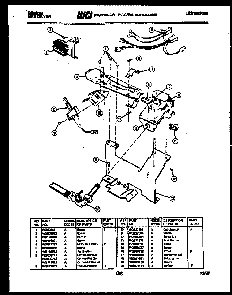 BURNER, IGNITER AND VALVE Diagram and Parts List for DG27S6FTMA  Gibson Dryer