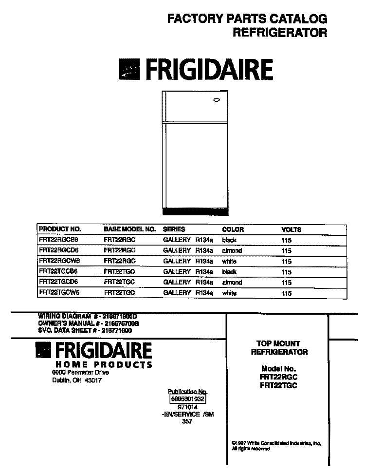 COVER Diagram and Parts List for FRT22RGCB6  Frigidaire Refrigerator