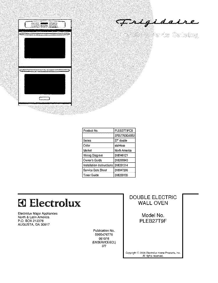 COVER Diagram and Parts List for PLEB27T9FCB  Frigidaire Wall Oven