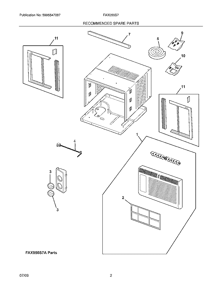RECOMMENDED SPARE PARTS Diagram and Parts List for FAX050S7AC  Frigidaire Air Conditioner