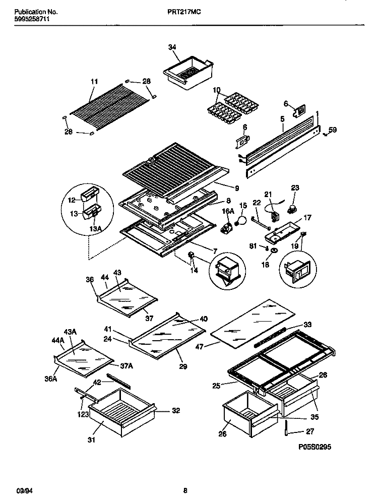 SHELVES, CONTROLS, DIVIDER, MULLION Diagram and Parts List for PRT215MCD5  Frigidaire Refrigerator