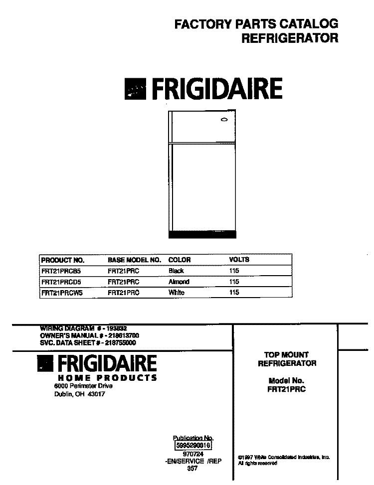 COVER Diagram and Parts List for FRT21PRCB5  Frigidaire Refrigerator