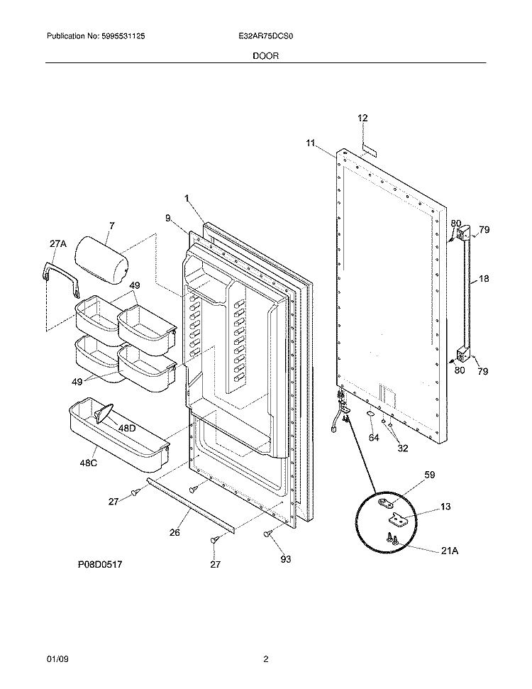DOOR Diagram and Parts List for E32AR75DCS0  Electrolux Refrigerator