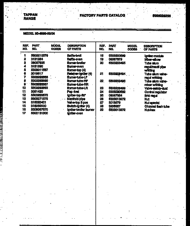DOOR PARTS Diagram and Parts List for 30-4989-00-04  Tappan Range